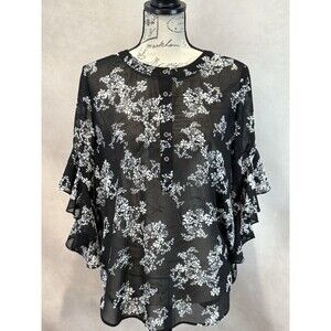 Vince Camuto Women’s Sheer Button Up Black Ditsy Roses Henley Flutter Sleeve Top